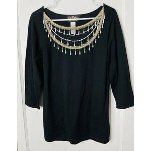 Bob Mackie Wearable Art Women Sweater Blouse S Beaded 3/4 Sleeve Black Side Slit